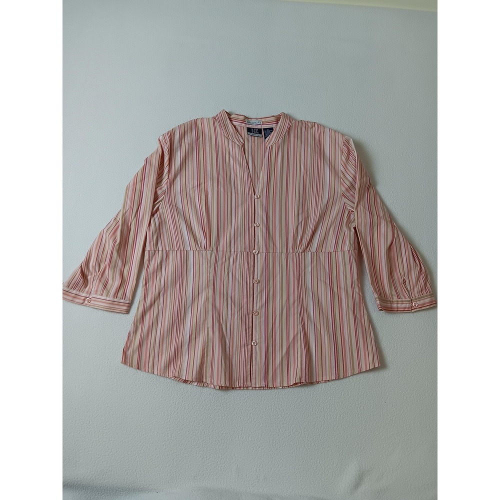 DCC Missy XL Pink Striped Button Down Empire Waist 3/4 Sleeve Stretch Blouse